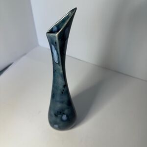 Tall Triangular Pottery Single Stem Vase in Blues Handmade Artist Signed 12 1/4”